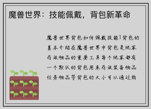 魔兽世界：技能佩戴，背包新革命